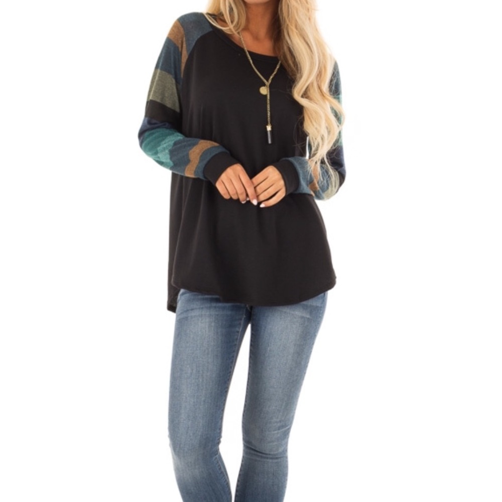 SZ S-M Black Top Long Multi Color Striped Sleeves - Picture 2 of 8